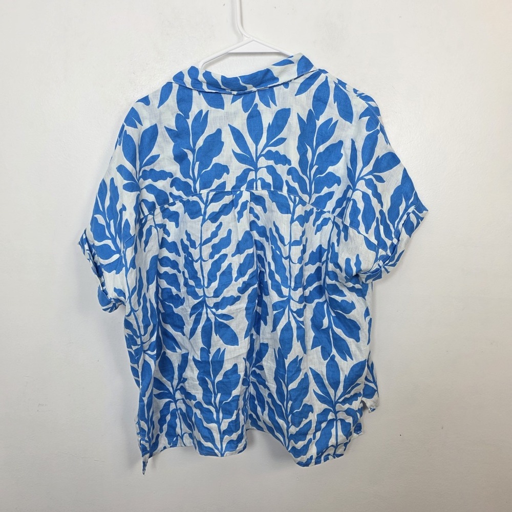 Rachel Zoe Blue White Printed 100% Linen Beachy Coastal Button Up Shirt Size XL - Picture 5 of 6